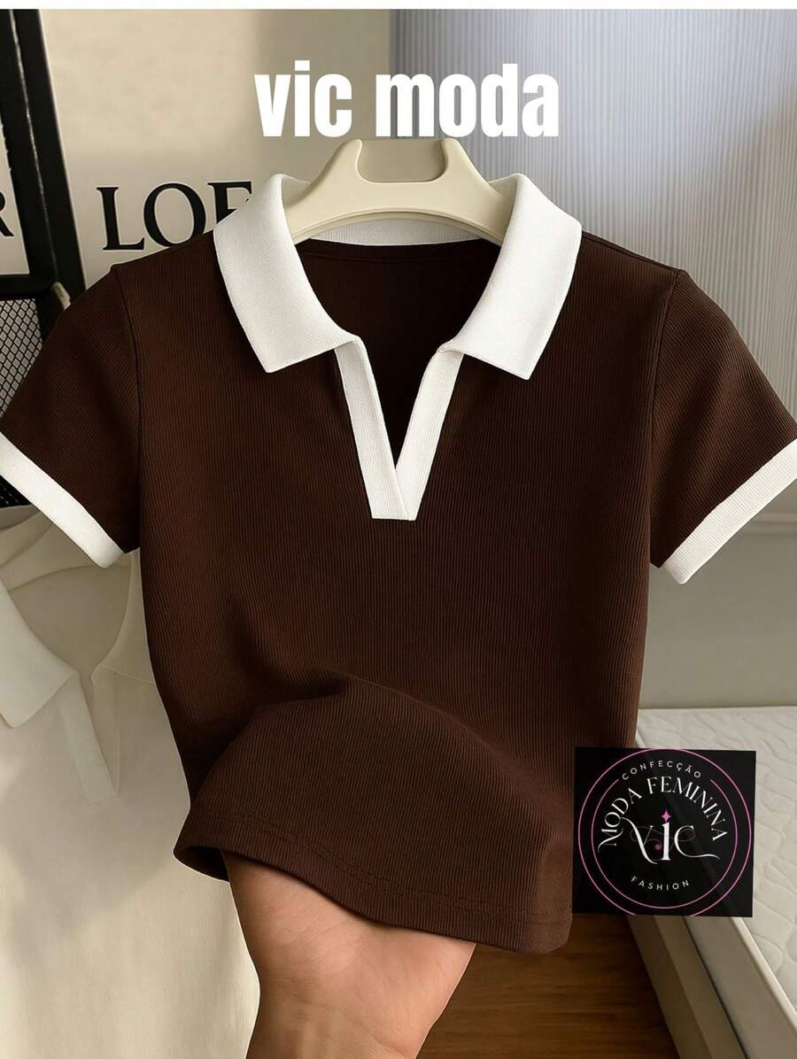 Women's Polo Collar Blouse, Two-Tone, Short Sleeve, Casual Cotton - p-棕色露頸 - 查看 1