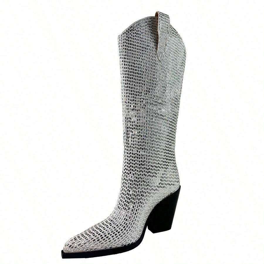 ARiderGirl Straddle Women's Western Cowboy Boots Crystal Rhinestone Embellished Stacked Leather Heel With Stitched Welt Pointed Toe Fashion Knee High Boots - 白色 - 查看 1