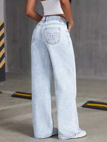 Tween Girls' Oversized Casual Comfortable Bow Print Denim Wide Leg Pants - Light Wash - View 2