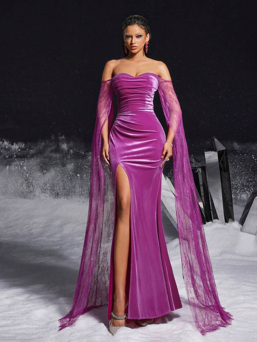 VIPGIRL Đầm dạ hội màu tím nhung thanh lịch, trễ vai, xẻ cao, tay ren, đầm dự tiệc sang trọng, đầm dạ tiệc dành cho nữ. - Màu Hồng Tươi - Xem 1