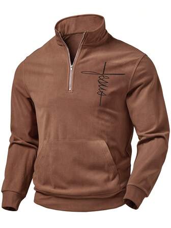 男士黑色印花休闲立领套头衫 - 厚实保暖带口袋套头衫，秋冬季完美选择，男士运动上衣