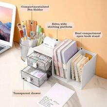 Organizador de escritorio, organizador de lpices multifuncional, soporte para bolgrafos con un soporte para libros, organizador de oficina con 2 cajones, accesorios de escritorio para oficinas - Blanco - Ver 7