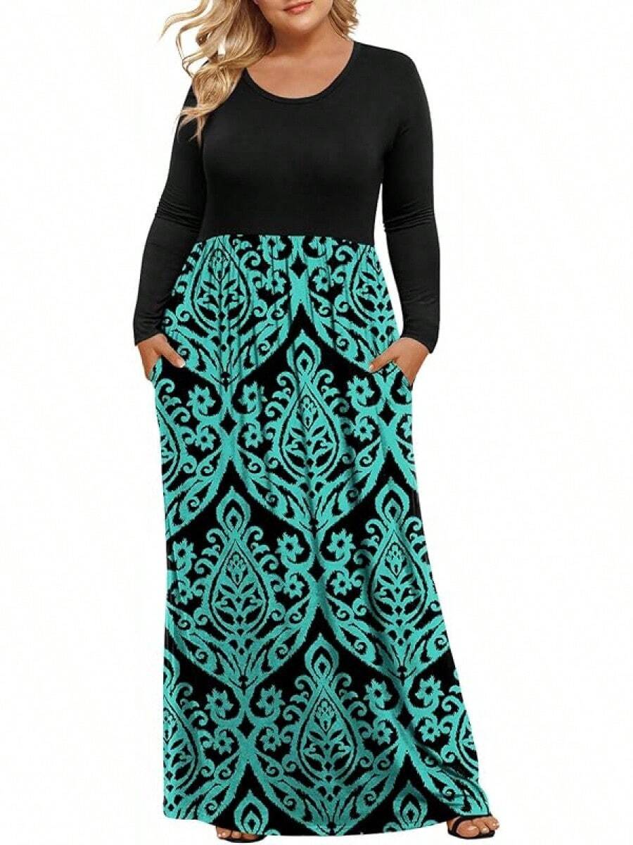 2025 Women's Plus Size Maxi Dresses For Curvy Women Casual Long Dress XL-6XL - 螢光黑+綠松石 - 查看 1