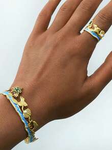 2pcs Bohemian Style Ocean Beach Stainless Steel Dangle Bracelet & Ring Jewelry Set, Featuring Starfish, Palm Tree, Shell, Pearl, Mermaid, Dolphin Designs, Suitable For Women Holiday Travel