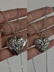 浪漫心形吊坠盒，可打开，银色，时尚独特，相框项链，男女皆宜，情人节、母亲节礼物