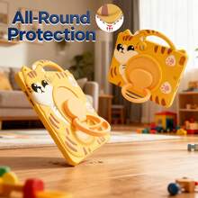 Cute Cat Design Tablet Case Compatible With Ipad A16 11th/10th/Mini/56789th/Air/Pro S6lite A7 A8 A9 Plus, With 360° Rotating Ring Stand & Portable Handle, Shockproof Silicone Cover - Yellow - View 7