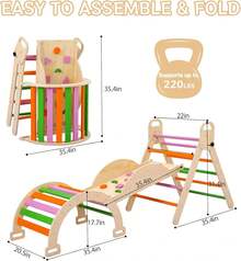 Juguetes de escalada de madera plegables para niños pequeños, juego de triángulos 9 en 1 con arco, triángulo, juego de pinball y balancín, gimnasio de jungla de juegos interior grande y resistente para niños pequeños y niños - Multicolor - Ver 3