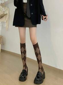 1 Pairs Women Rhombus Plaid Knitted Socks, Leg Slimming Retro Collegiate Style Mid-Calf Socks For Everyday Wear - Cà phê nâu - Xem 8
