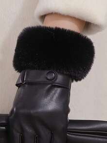 1 Pair Women's Leather Gloves With Furry Cuff, Fashionable Warm Thermal Lined Touchscreen Gloves, Waterproof & Windproof PU Leather Gloves