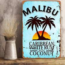 Tin Metal Sign: Malibu Caribbean White Rum Coconut Vintage Retro Palm Tree Beach Bar Pub Wall Decor Sign Hawaiian Summer Tropical Wall Art Tin Sign - Nhiều màu - Xem 1
