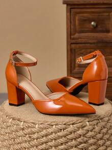7cm Orange Chunky Heel Pointed Toe Women's High Heels, French Minimalist Style With Adjustable Metal Buckle & Hollow-Out Design, Comfortable For Commuting - Orange - View 4