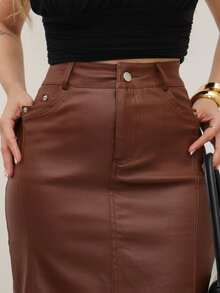Resin Midi Skirt - With Slit - Dark Brown - View 2