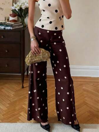 大码女式百搭舒适法式波点棕色裤子