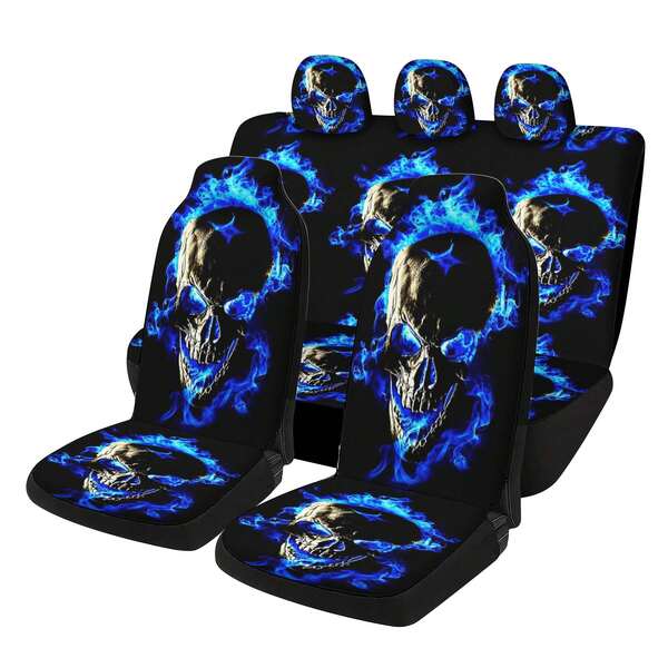 طقم أغطية مقاعد السيارة ذات المقاعد الخمسة مع طباعة هيكل عظمي أزرق، مناسب للمركبات ذات المقاعد الخمسة، تصميم زخرفي، رائع كهدية لعيد الميلاد وعيد الهالوين