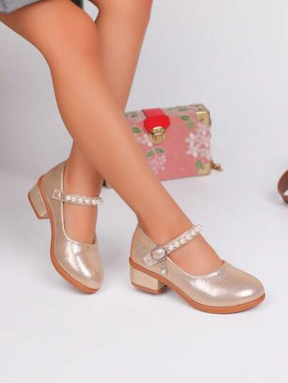 1 Pair Shiny Gold Fashion High Heel Shoes For Girls, Decorated With Pearl Buttons, Suitable For Older Kids To Wear To Parties And Daily Outfits