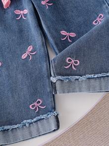 2pcs Baby Girl Casual Solid Color Ruffle Trim Long Sleeve Top And Butterfly Embroidery Frayed Hem Elastic Waist Denim Pants Set, Spring/Autumn - Hồng - Xem 8