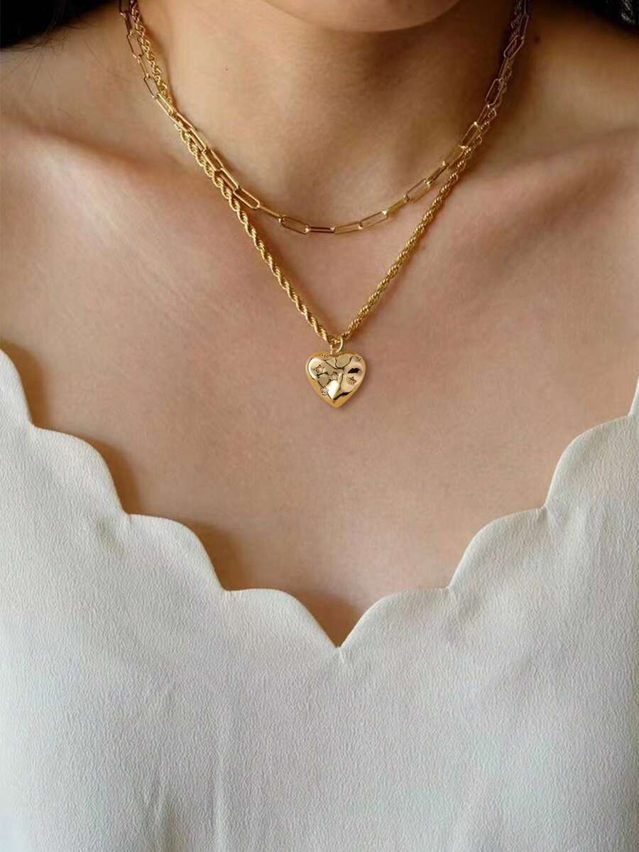Tkool 2pcs Unique Layered Copper Heart Shaped Nail Necklace, Checkered Clasp & Shiny Cubic Zirconia Pendant - Yellow Gold - View 1