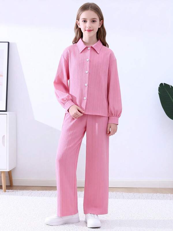 Conjunto de camisa de manga larga y pantalones de unicolor informal para adolescentes, primavera/otoño