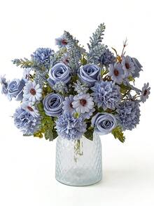 1pc/3pcs Artificial Flowers, Silk Rose, Daisy, Dandelion Bouquet, Suitable For Wedding, Home, Party Decor, Tabletop Centerpiece - Dusty Blue - View 3