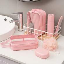 5-Piece Travel Kit With Transparent Bag – Bath Sponge, Comb, Soap Dish And Shampoo/Shower Bottle - 粉色 - 查看 2
