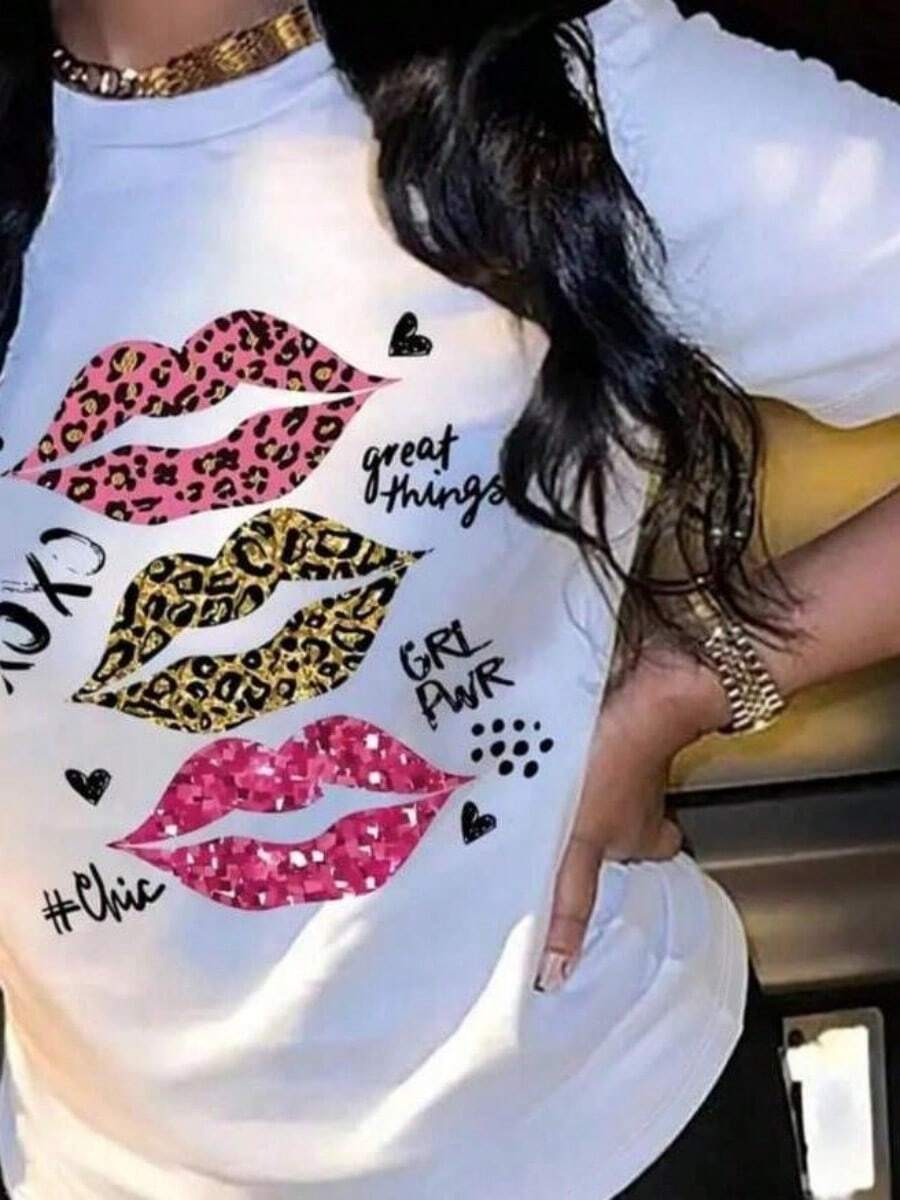 Refreshing Summer2025 Leopard Lips Print T-Shirt Casual Short Sleeve Crew Neck Summer Top Men's Clothing Men Clothes Vintage Tops - 白色 - 查看 1