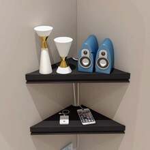 Evron Wall Mount Corner Shelf,Easy To Install Metal Front Floating Corner Shelves With Self-Adhesive Tapes,Wood Imitation Corner Shelf With Wire Pass Hole Pattern(Black 2 Pack)