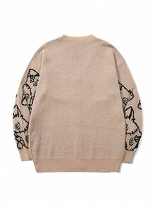 Men's Loose Casual Cute Patchwork Kitten Jacquard V-Neck Button Long Sleeve Drop Shoulder Cardigan Sweater Jacket, Autumn/Winter - Brown - View 7