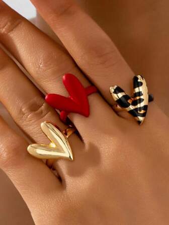 3pcs/Set Fashionable Personalized Metal Enamel Heart Shaped Ring Set, Gift For Women, Daily Wear