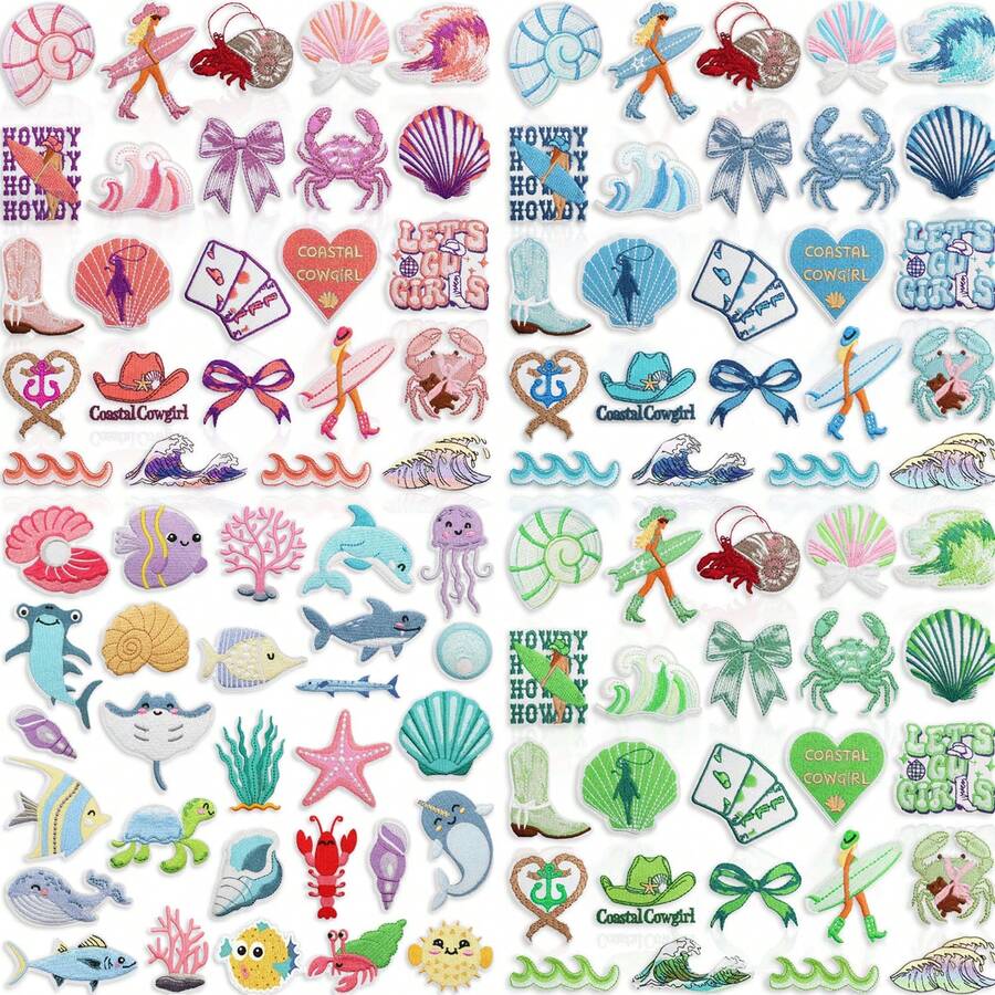 9/12/24/28pcs Assorted Cute Sea Creature, Multicolor Surfer Girl Embroidered Patches, Iron-On/Sew-On Patches For Hats, Shirts, Jeans, Bags (Multiple Colors Available) - Multicolor - View 1