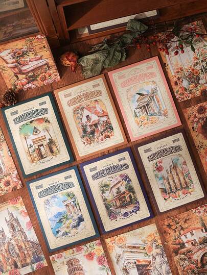 30 Sheets/Pack Retro European Architecture Material Paper, Creative Design Non-Sticky Material Paper That Can Be Collaged At Will Material Paper Of Exquisite Architectural Patterns, Fashion Decoration Handwritten Ledger Scrapbook, Handmade Origami Gifts For Friends