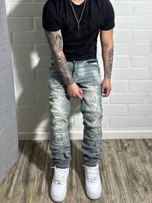 Men's Distressed Denim Straight Leg Casual Washed Vintage Jeans - Blue - View 1
