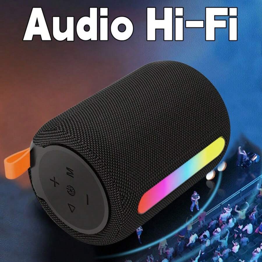 Bocina Portátil Cilíndrica Premium - Bocina Bluetooth de 52mm de Rango Completo - Bocina Portátil Bluethooth con Luz Ambiental Artística - Bocinas Bluetooth con Sonido Estéreo Envolvente - Batería de 1200mAh - Diseño en Tela de Alta Calidad - Compatible con Bluetooth, Tarjeta TF, Lector USB - Reproducción Multicanal - Cambio de Modos Libre - También Funciona como Bocinas para PC (vía Bluetooth) - bosinas portales bluetooth / bocina inalambrica / altavoz bluetooth. - negro - Ver 1