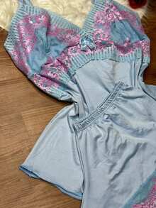 Short Doll Women's Pajama Set/ Two-Tone Lace - Sky Blue - View 2