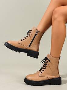 2025冬季新款女鞋，保暖冬靴，时尚百搭休闲女鞋，真皮踝靴，黑白系带侧拉链踝靴，平底女靴，女士踝靴，时尚女靴 - 卡其色 - 查看 6