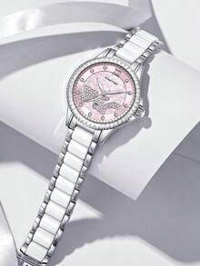 GUANQIN 1 szt. Wodoodporny zegarek ze świecącymi elementami z motywem LOVE, tarczą z kryształkami, odporny na zużycie, ze stali nierdzewnej, ceramicznym paskiem, modnym, biznesowym, luksusowym, sportowym, klasycznym, prostym i swobodnym, mechanicznym stylem, automatycznym zegarkiem kwarcowym, odpowiednim na Halloween, Boże Narodzenie, dla studentów, na festiwale, randki, do pracy, na co dzień, na prezenty