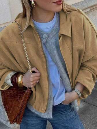 女士休闲街头时尚翻领夹克复古长袖拉链宽松外套