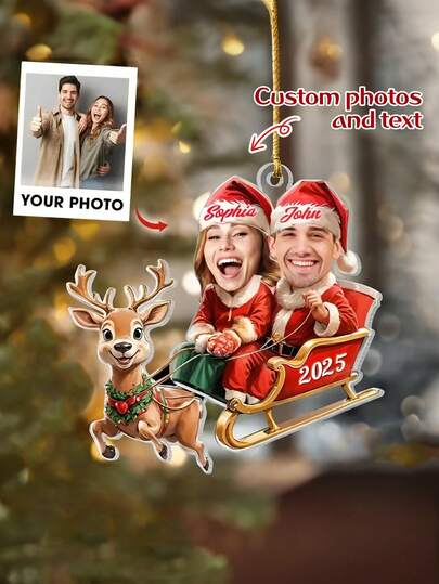 1 peça de pingentes personalizados com tema natalino para casais em trenós, enfeites personalizados com foto, pingente com nome e foto de Natal 2025, decoração de Natal com cena de casal em trenó de rena, cenas de Natal, cenas de decoração de Natal para casais, cenas para presentear em festivais, Natal, enfeites de Natal personalizados, presentes de Natal personalizados, presentes personalizados