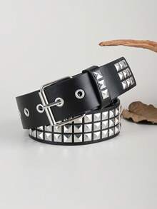 Vintage Rivet PU Leather Belt, Solid Color Punk Waist Belt - Black - View 1