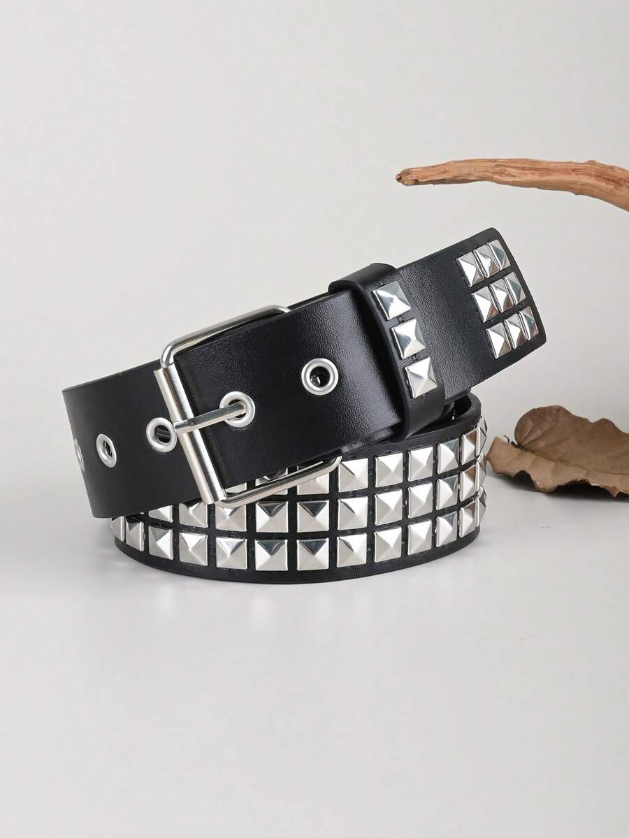 Vintage Rivet PU Leather Belt, Solid Color Punk Waist Belt - Black - View 1