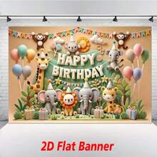 2D flaches Banner, 1 Stück Dschungel-Tier-Themen Geburtstags-Party Hintergrund - strapazierfähiger Vinyl Fotohintergrund für drinnen & Outdoor, ohne Strombedarf, Wald Geburtstags Festival Garten Party