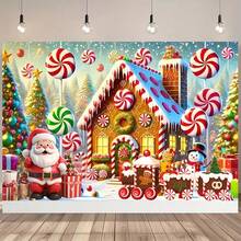 1 قطعة لافتة خلفية زخرفية لعيد الميلاد - بيت من الزنجبيل، بابا نويل والثلجي مع خلفية من الحلوى - ديكور حفلة العطلات وخلفية التصوير، مناسبة لتزيين البيئة الداخلية والخارجية، ديكور حفلة الموضوع، يمكن اختيار أحجام متعددة - متعدد الألوان - مشاهدة 2
