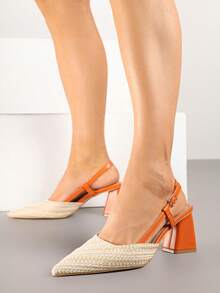 Woven Slingback Heels - Boho Chic Summer Sandals For Women - Orange - View 2