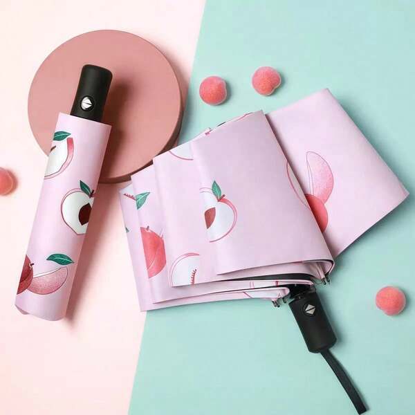 New Fruit-Themed Pattern Fully Printed Folding Umbrella, With Ultraviolet Protection, Lightweight And Durable Rain Gear, Suitable For Students' Daily Commuting And Going Out To The Office On Rainy Or Sunny Days.