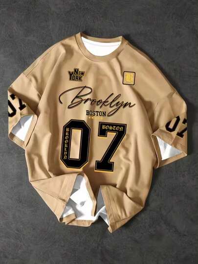 Camiseta con gráfico de Brooklyn 07 para hombre - Ajuste holgado casual de manga corta y cuello redondo, diseño de letras y números grandes, lavable a máquina, estilo urbano, cómoda para uso diario, combinable, estilo callejero
