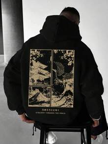 Sudadera con capucha holgada con bolsillo y estampado gráfico de estilo japonés con paisaje, para hombre, de uso casual y versátil, para otoño/invierno, de manga larga - Negro - Ver 2