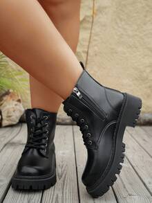 秋冬季加大码女式黑色宽楦靴，厚底，系带，防滑，侧拉链，高品质合成材料，圆头设计，适合日常穿着和户外活动 - 黑色 - 查看 6