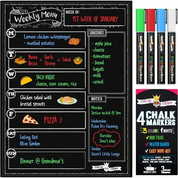 Magnetic Dry Erase Menu Board For Fridge Includes 4 Liquid Chalk Markers Weekly Meal Planner Blackboard Grocery List And Notepad For Kitchen Refrigerator Chalkboard Magnet