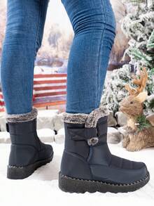 女士户外雪地靴，保暖内衬，厚底，中筒，圆头，平跟，加大码 36-45，防水防滑，高帮，防寒，中年靴，黑色 - 藍色 - 查看 4