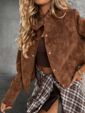 Brown Suede-Like Faux Fur Metal Button Collar Pocket Collegiate Jacket, Fashion Women's Brown Knit Short Coat, Long Sleeve, Lapel Collar, Button Front