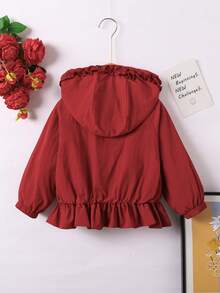 Girls' Fashionable Hooded Pleated Bow Decor Jacket, Vintage Short Windbreaker Coat For Toddlers & Young Girl, Spring Autumn Winter - Burgundy - View 2